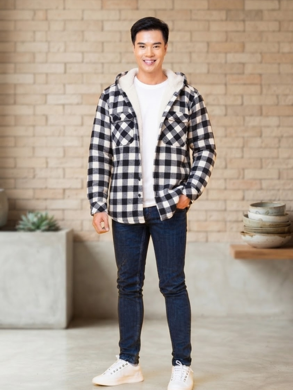 Boston Traders Mens Medium Fleece Lined Hooded Flannel Jacket Black White Plaid